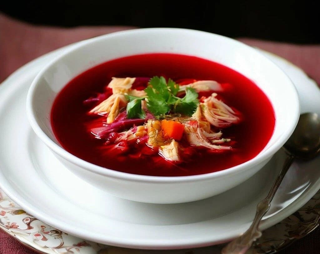 Яркий борщ со свеклой и курицей в тарелке со сметаной и зеленью