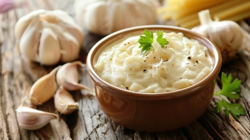 Чесночный соус для макарон Бархатный чесночный соус кремового цвета с кусочками томленого чеснока в сотейнике, рядом свежий базилик