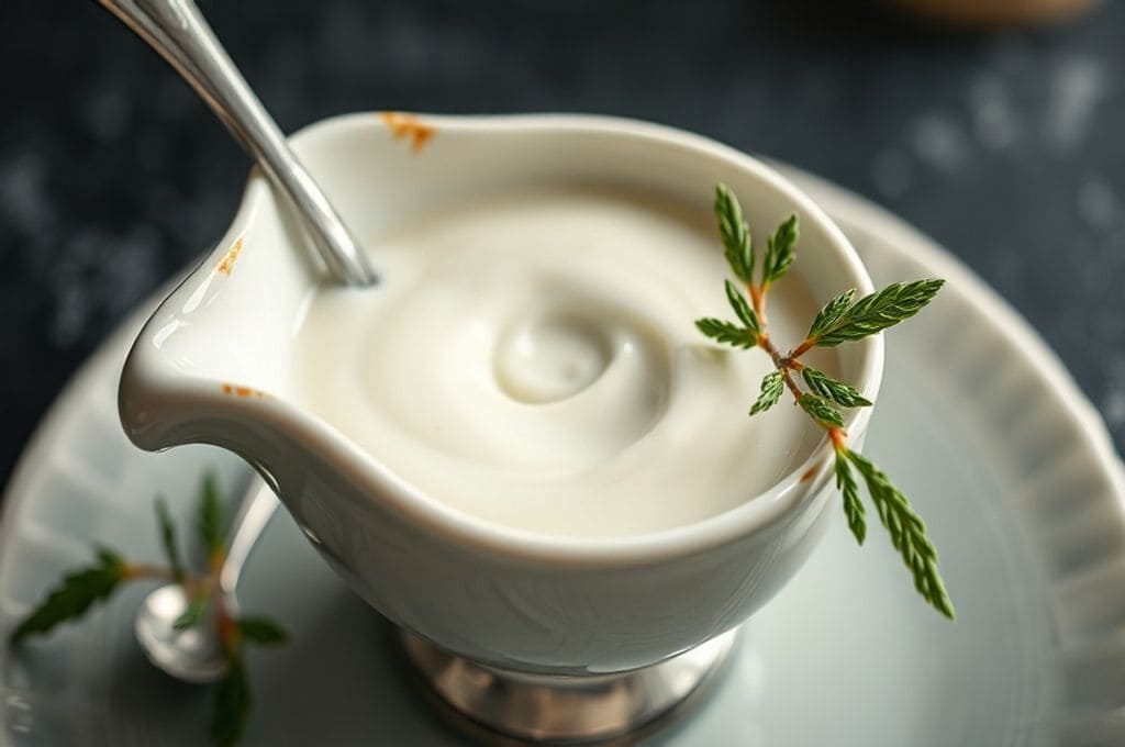 Нежный белый йогуртовый соус с кусочками огурца и зеленью в керамической миске