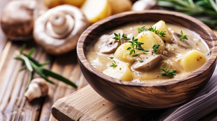 Кремовый картофельный соус с кусочками грибов в сотейнике, украшенный веточкой тимьяна
