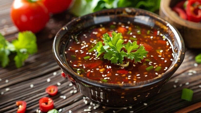 Кунжутный соус Гладкий кремовый кунжутный соус в соуснике, украшенный семенами кунжута и зелёным луком