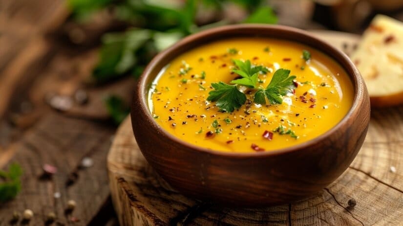 Манговый соус для салата Ярко-оранжевый манговый соус в прозрачной пиале, рядом дольки манго и зелень