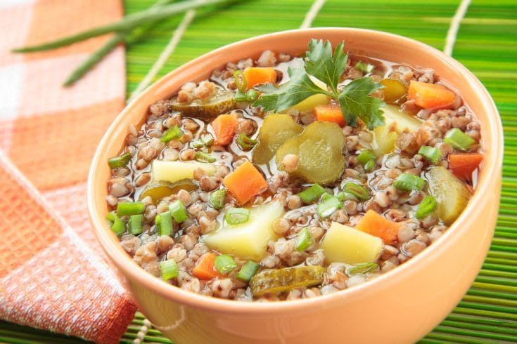Ореховый рассольник с гречкой и свиной рулькой
