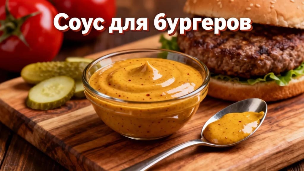Домашний соус для бургеров Авторский соус для бургеров в стеклянной мисочке с ложкой, подаваемый к сочному бургеру с картофелем фри