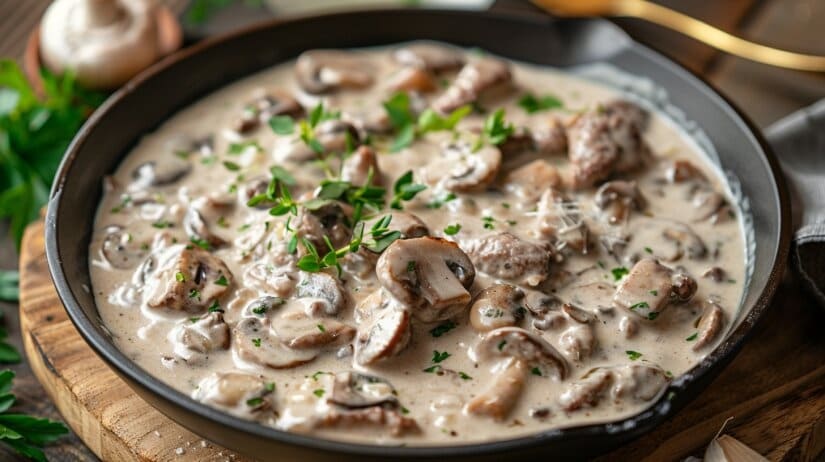 Сливочно-грибной соус к мясу Густой кремово-коричневый грибной соус с кусочками грибов в сотейнике
