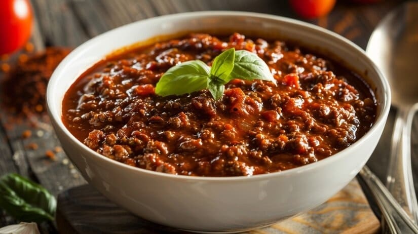 Классический соус Болоньезе с тремя видами мяса в чугунной кастрюле, подаваемый с тальятелле