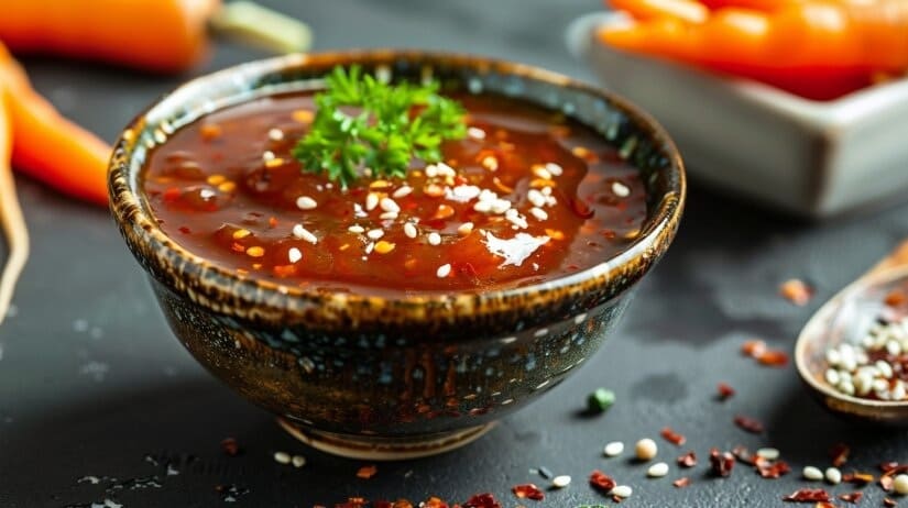 Яркая, острая корейская морковь с соусом, украшенная кунжутом и зеленью
