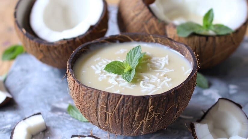 Кремово-белый кокосовый соус в миске, украшенный кинзой и стружкой