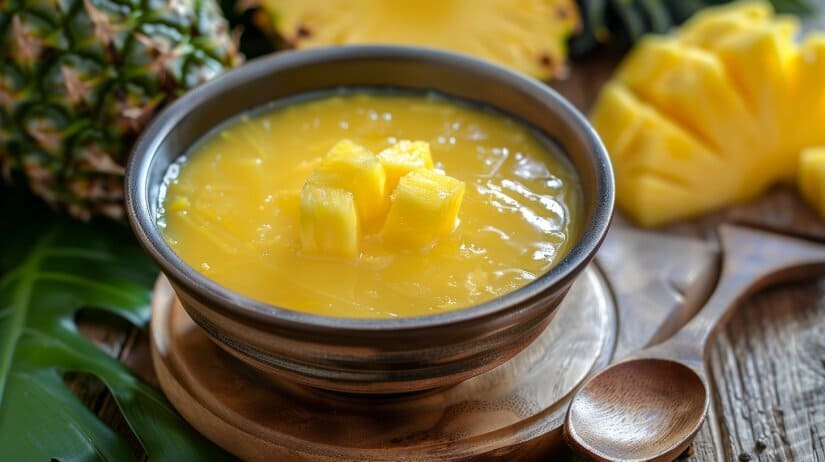 Соус с ананасом Ярко-жёлтый соус с ананасом в белой пиале, украшенный зеленью и долькой лайма