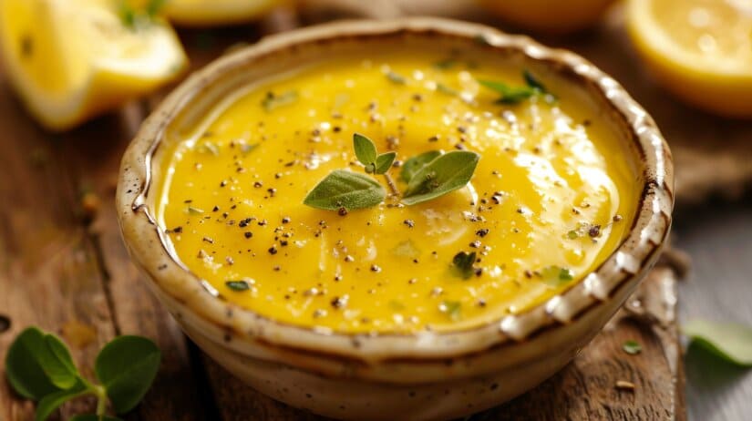 Ярко-желтый соус из масла, горчицы и лимона в стеклянном кувшине, украшенный веточкой эстрагона и долькой лимона