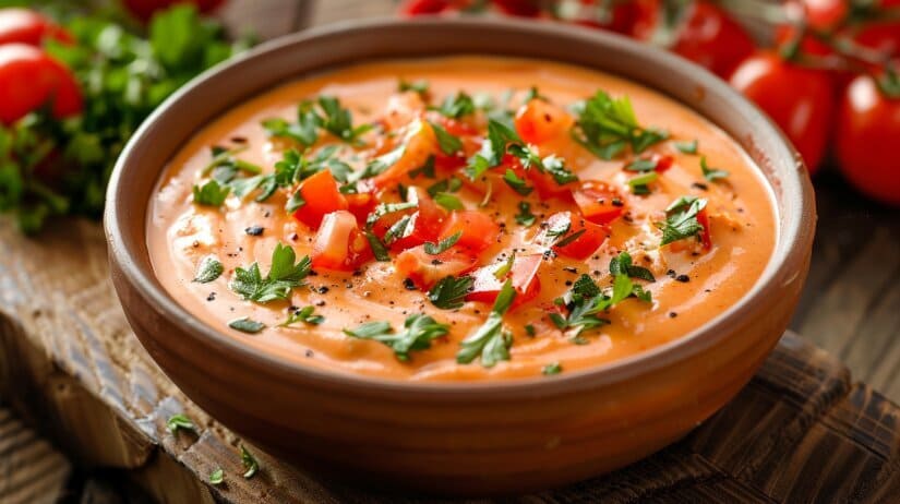 Насыщенный томатно-сырный соус с кусочками томатов и зеленью базилика