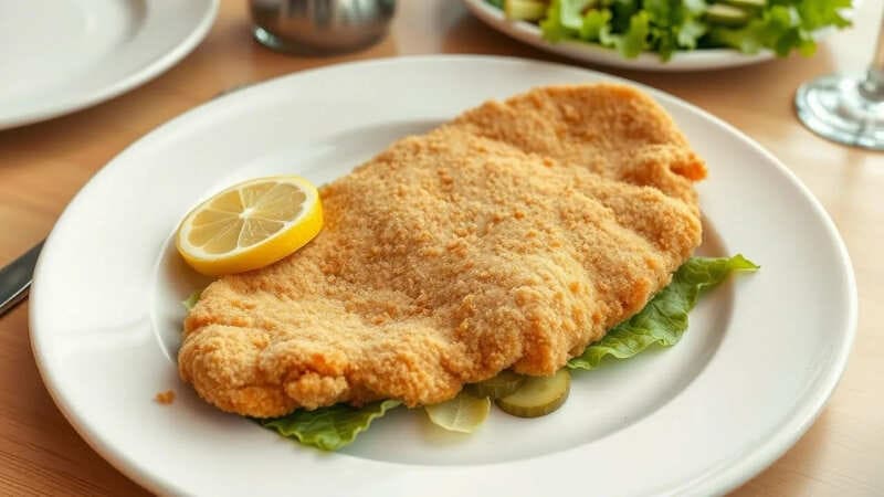 Аутентичный венский шницель из телятины с золотистой панировкой и характерной юбочкой, подается с лимоном