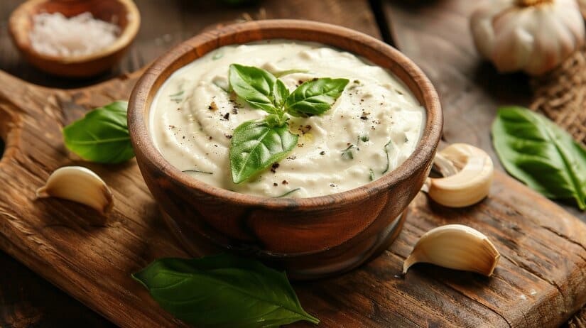 Бархатистый белый соус в сотейнике с кусочками чеснока, украшенный зеленью