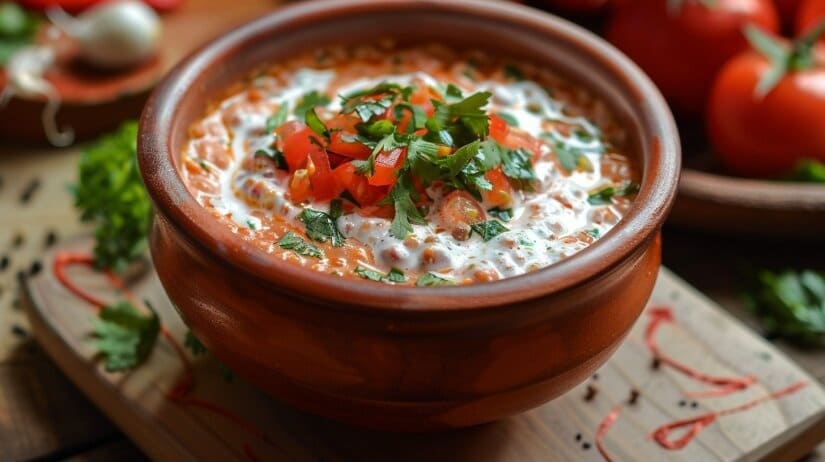Густой красный соус с кусочками перца в глиняной миске, украшенный веточкой петрушки