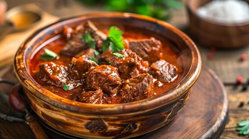 Гуляш из говядины с густым соусом в чугунном казане