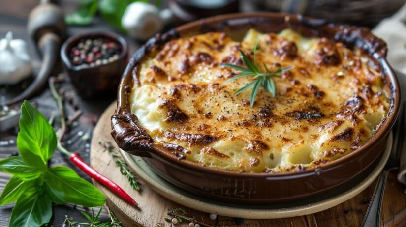 Соус для картофельной запеканки Густой мясной соус с фаршем и овощами в сковороде, готовый для запеканки