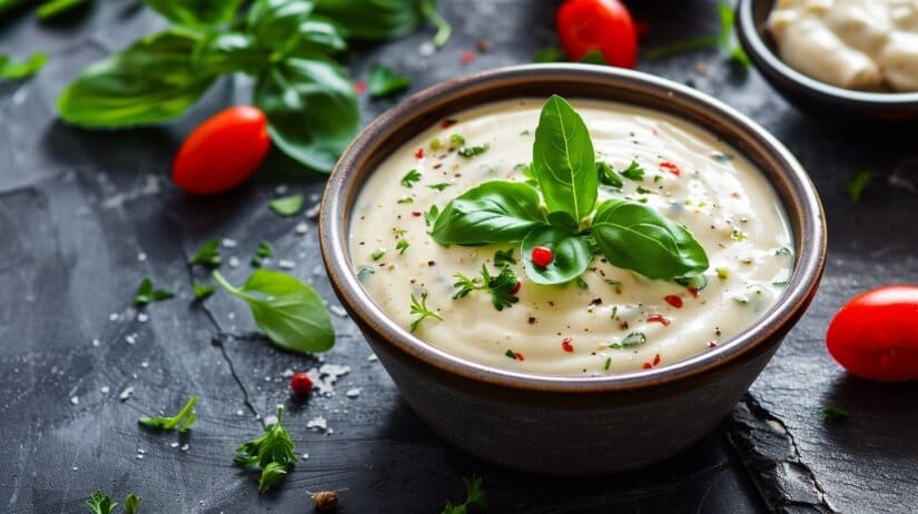 Светлый кремовый соус в миске рядом со свежим салатом и куриной грудкой