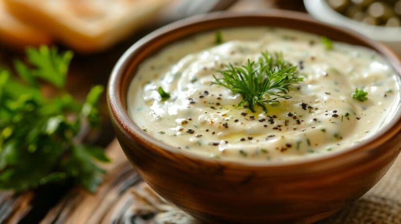 Соус для Цезаря с каперсами в стеклянной миске