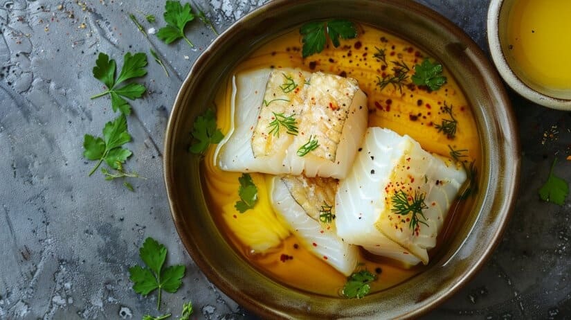 Соус для жареной трески в соуснике с лимоном и зеленью, поливается на рыбу