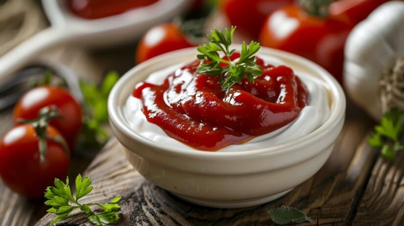 Нежно-розовый соус в белом соуснике с веточкой укропа, рядом драники