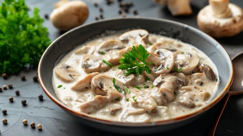 Густой кремовый соус с крупными кусочками вешенок в белой тарелке