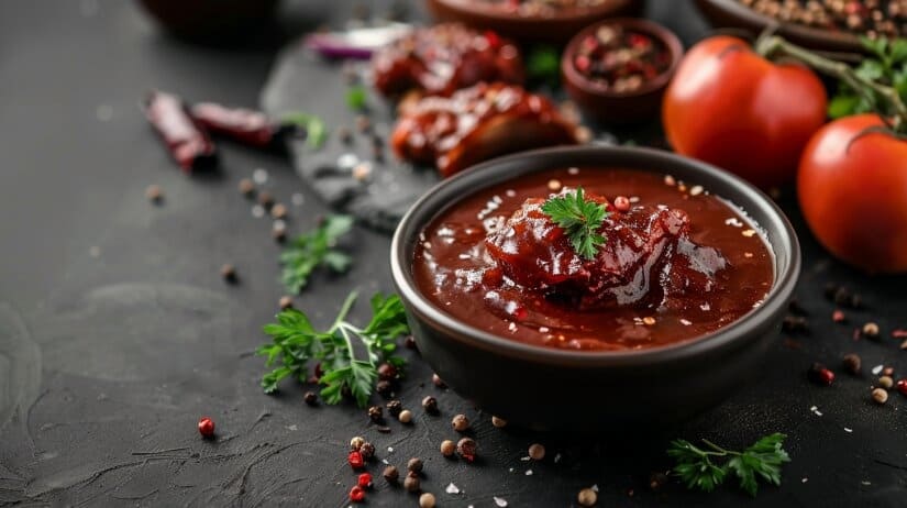 Темный густой соус к свиной рульке в сотейнике